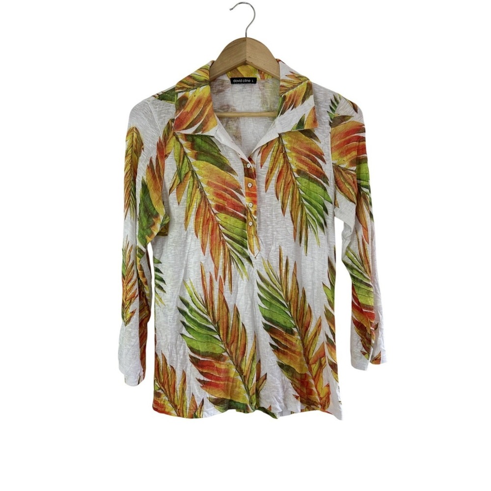 David Cline Top Womens Large Artsy Collared Snap Popover Long Roll Tab Sleeve